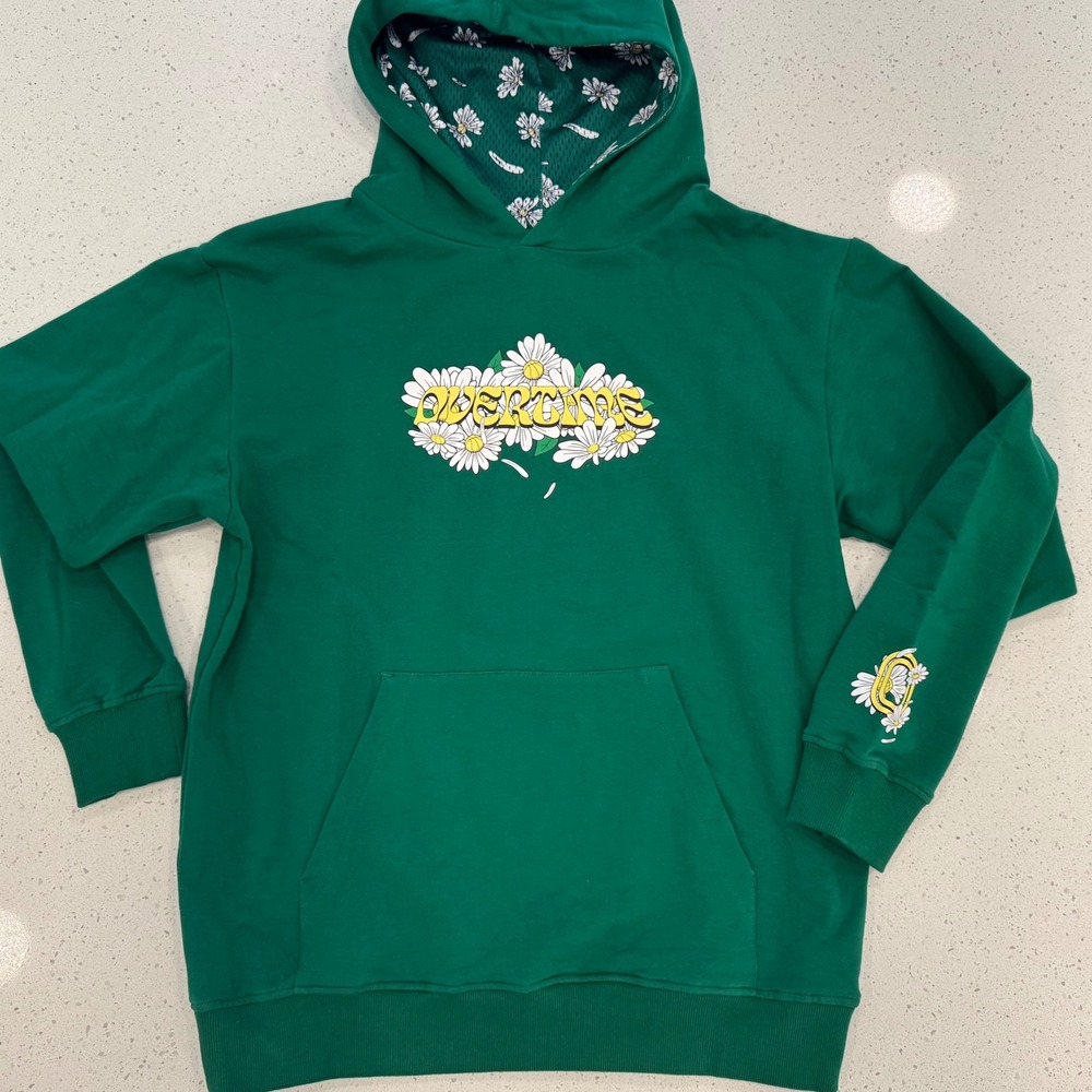 Overtime‎ Hoodie Women L Green Excellent Daisy Floral Streetwear Sweatshirt